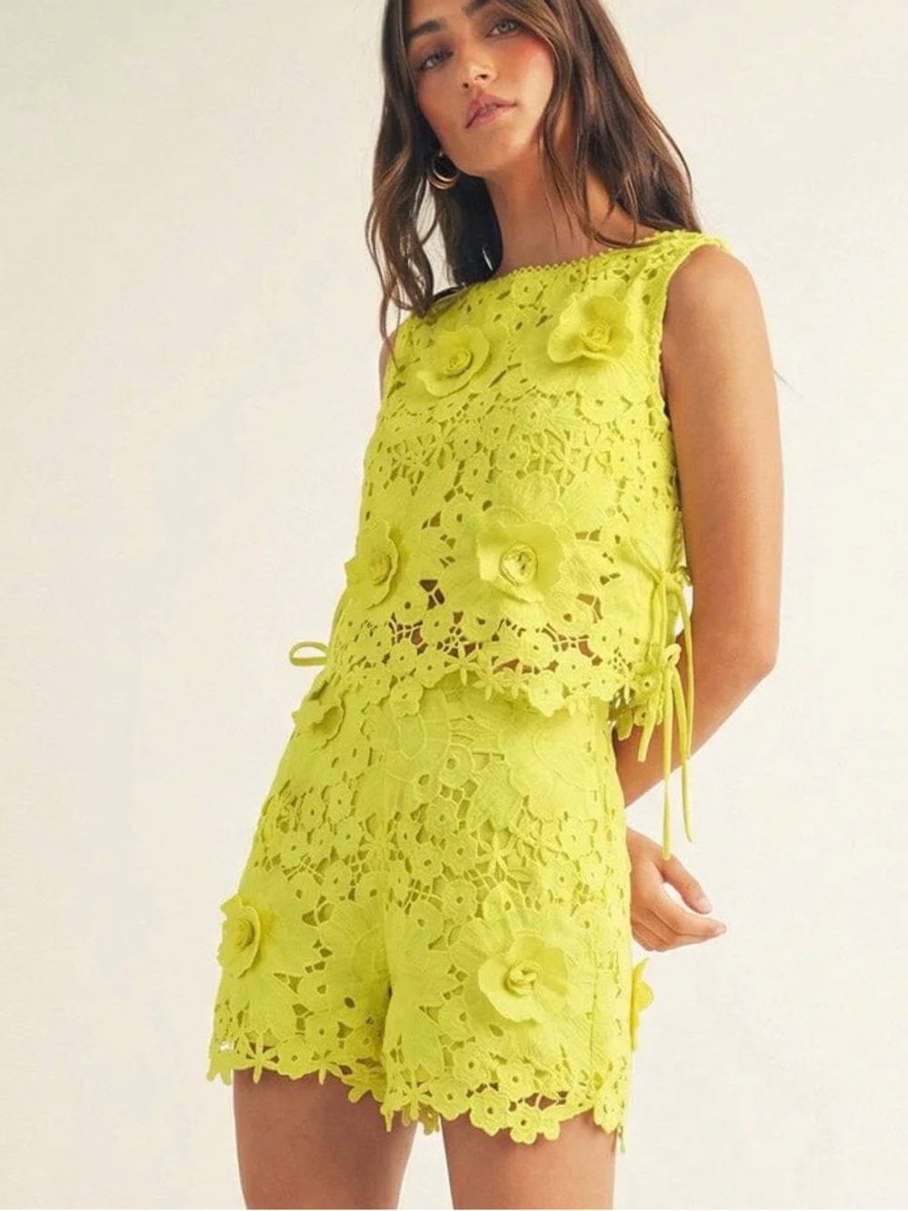 Lime Crochet Floral Two-Piece Skirt Set